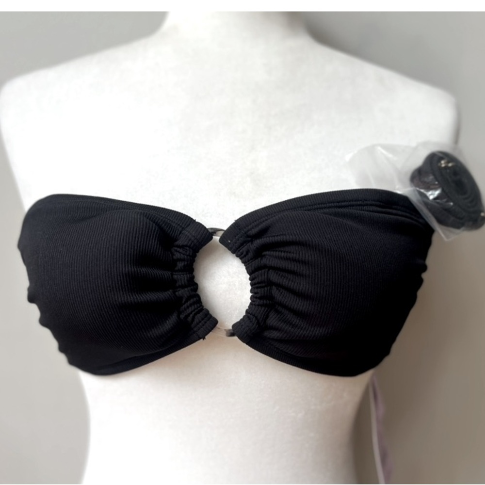 Wild Fable Ribbed Textured O‎ Ring Bandeau Bikini Top Womens Medium Black NWT